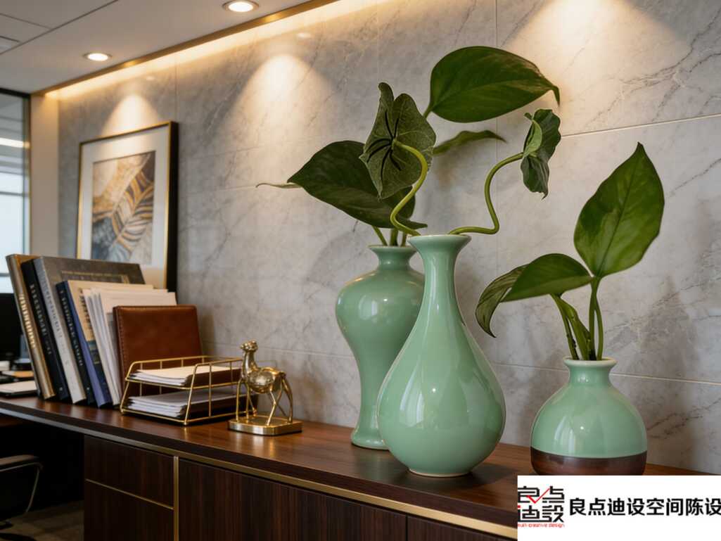 谁懂啊!办公室装修软装设计这样搭，高级感直接拉满📸 青瓷+绿植+金属，职场氛围感天花板!